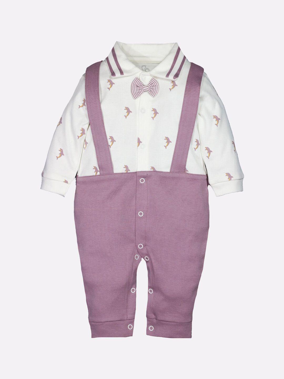 baby go infant boys white & mauve printed pure cotton rompers