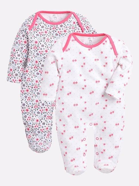 baby go kids fuchsia & white printed rompers (pack of 2)