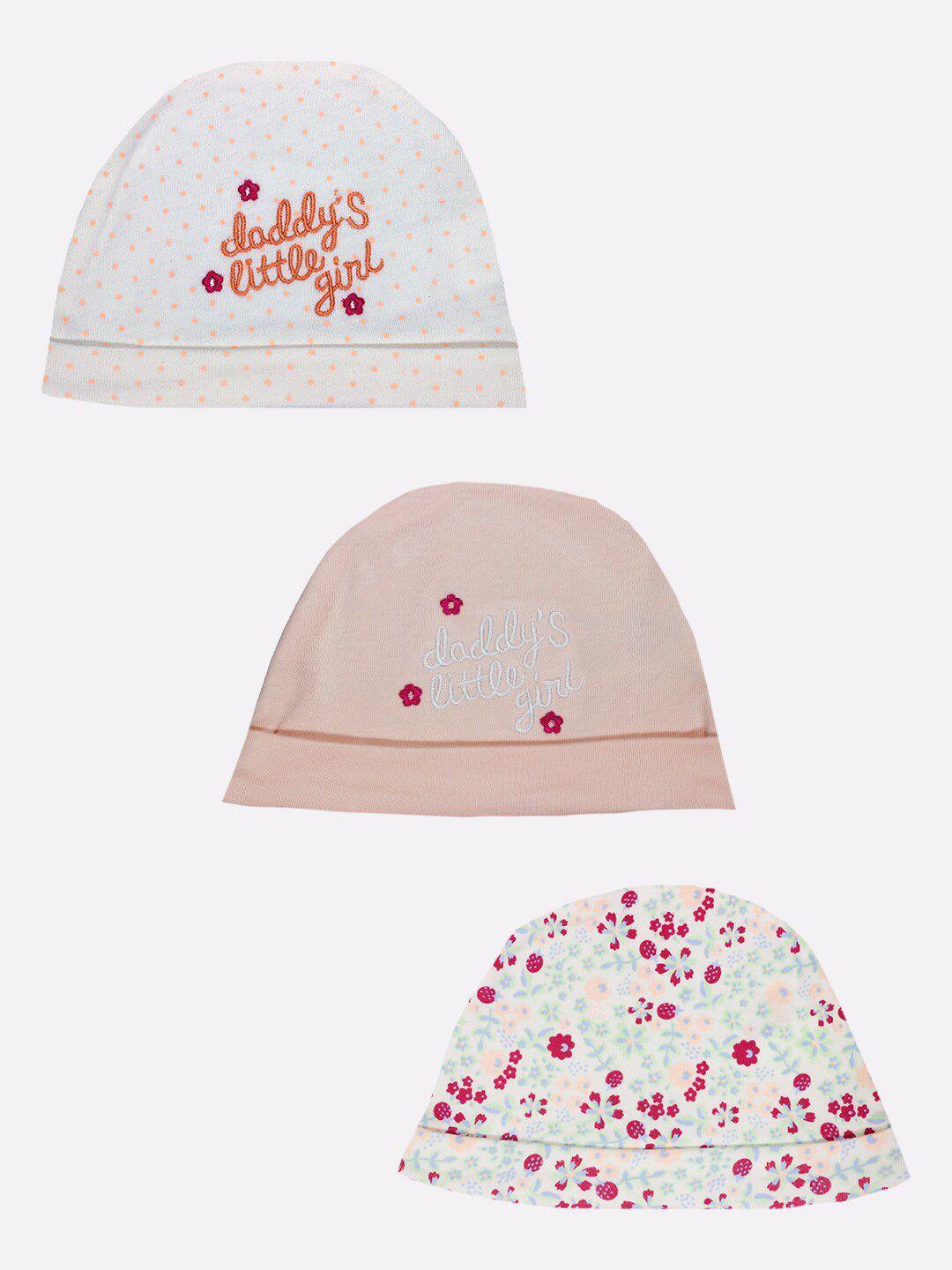 baby go pack of 3 infants peach& white colored printed beanie cap