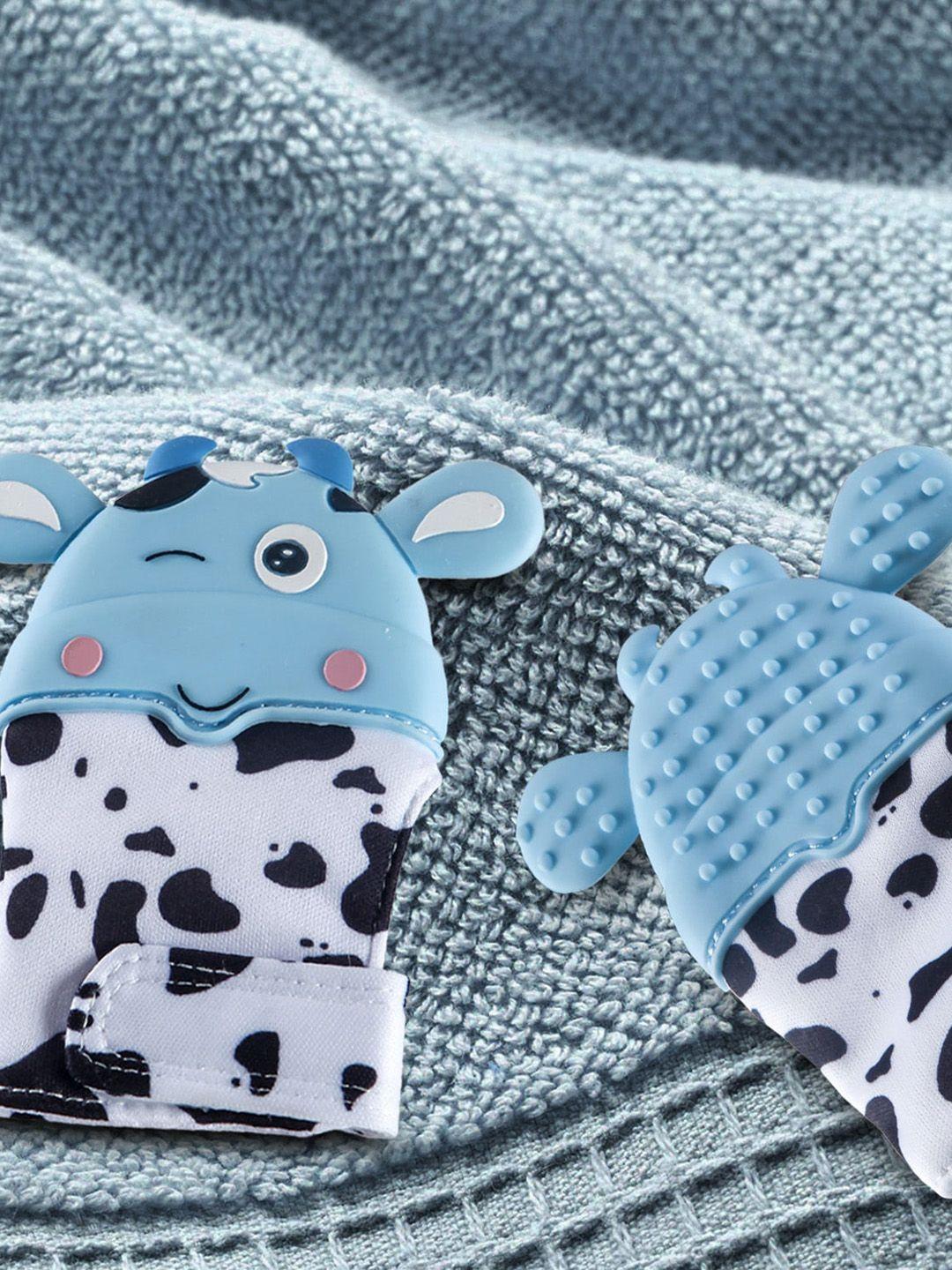 baby moo blue & white teething silicone mitten