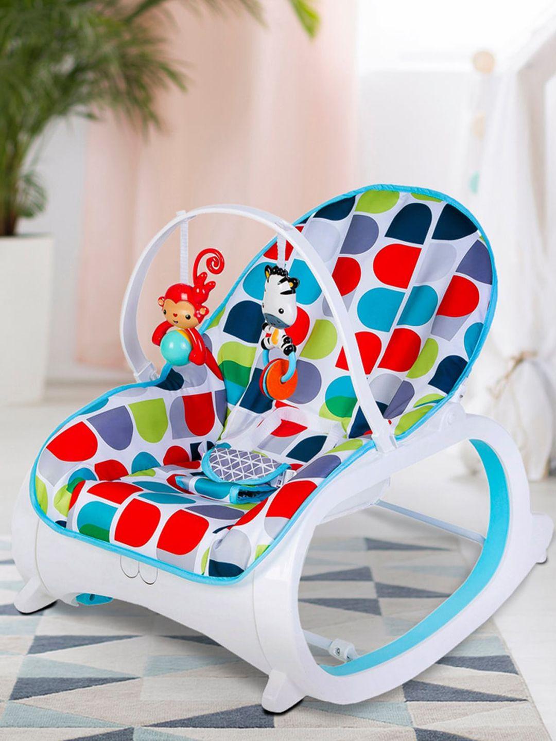 baby moo blue polka dotted printed portable rocker with hanging toys