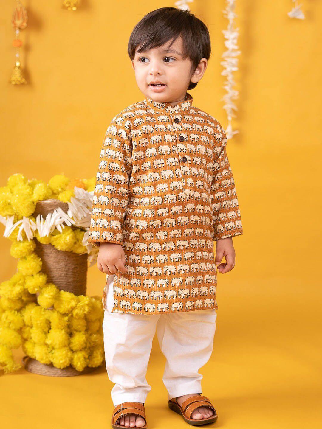 baby moo boys ethnic motifs printed mandarin collar straight kurta with pyjamas