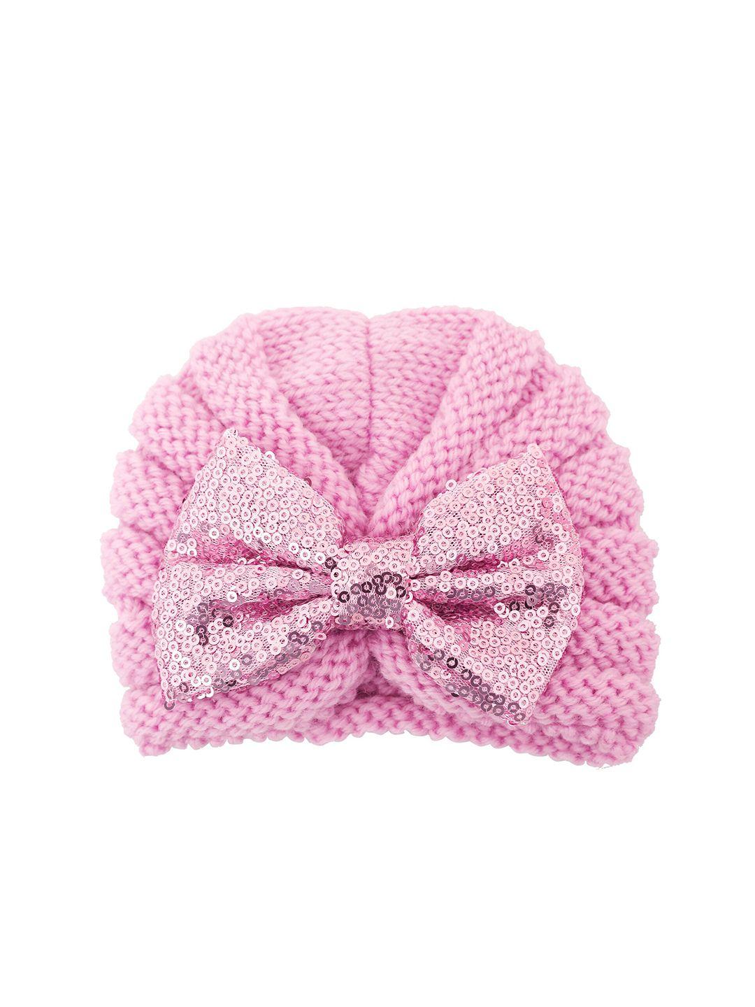 baby moo girls pink self design woollen beanie