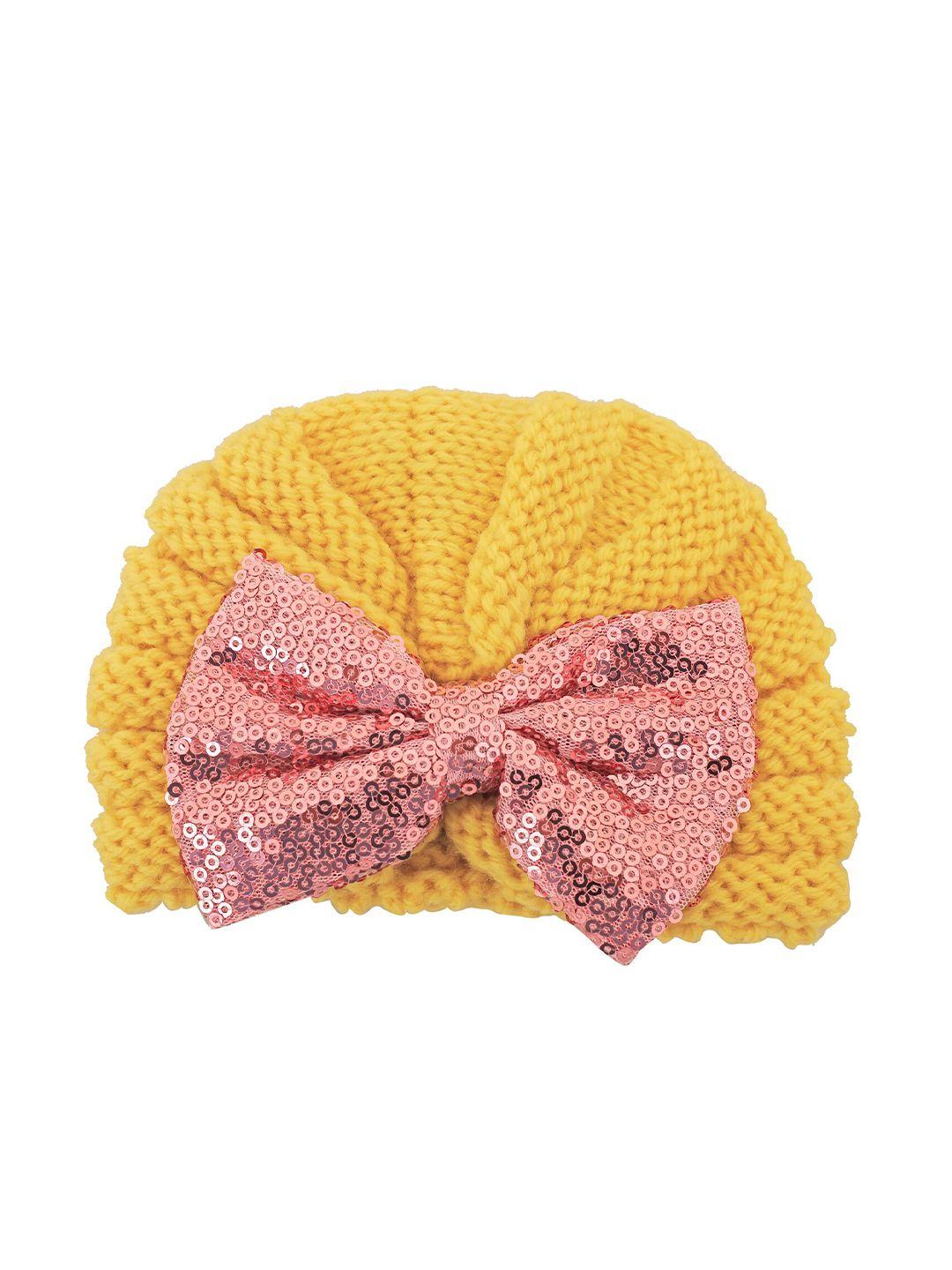 baby moo girls yellow & pink woolen bow turban cap