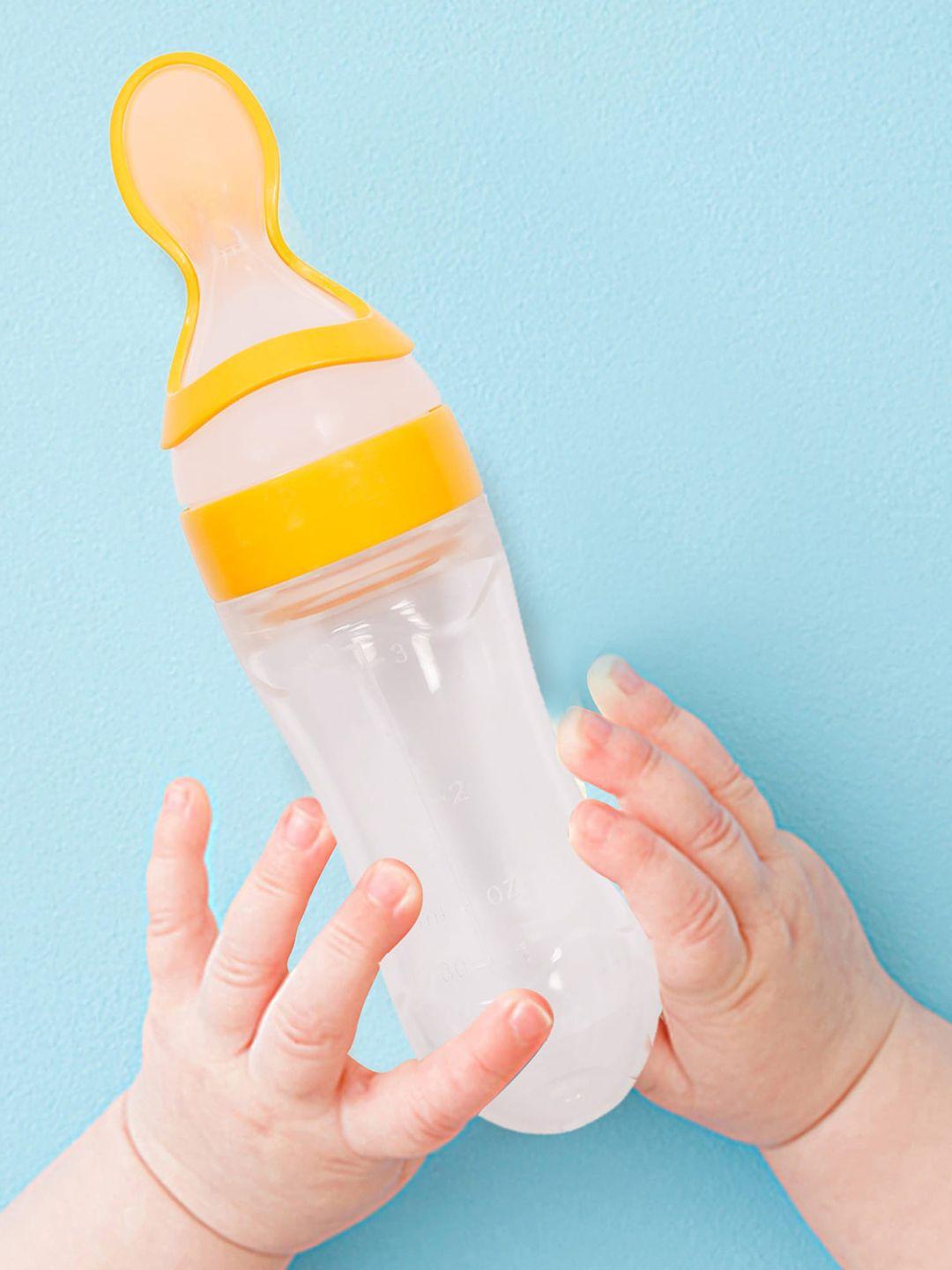 baby moo infant kids yellow squeeze bottle feeder with dispensing spoon