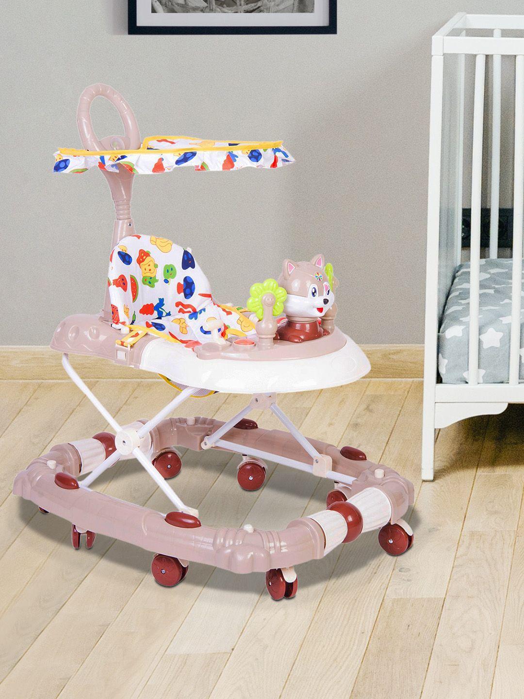 baby moo kids beige & white fruity printed 2 in 1 walker & rocker