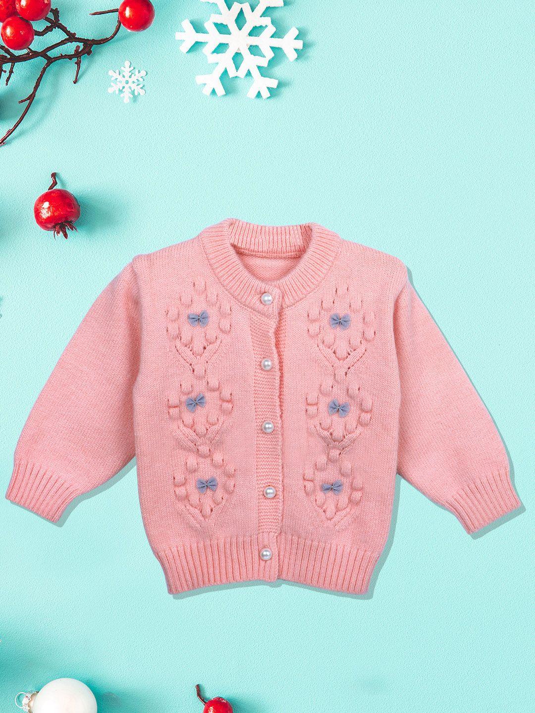 baby moo kids pink elegant bow and pearl buttons full sleeves knitted sweater
