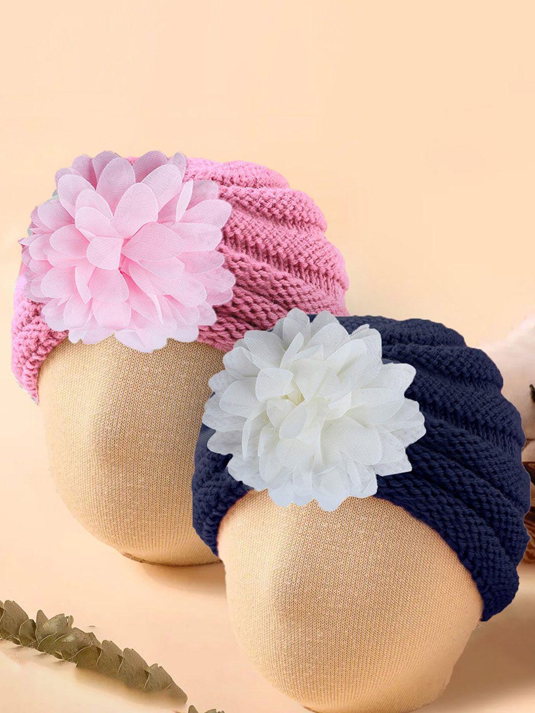 baby moo kids set of 2 woollen beanie with floral embellished