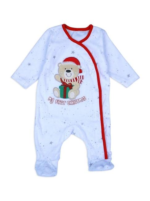 baby moo kids white & red cotton applique full sleeves romper