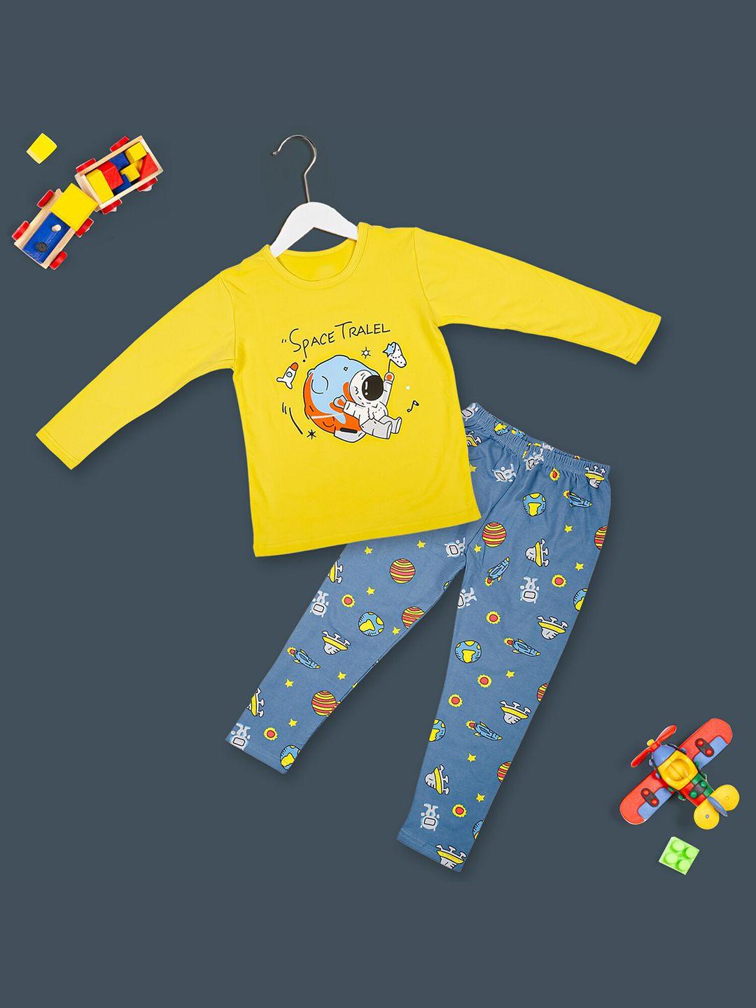 baby moo kids yellow & blue printed pure cotton night suit