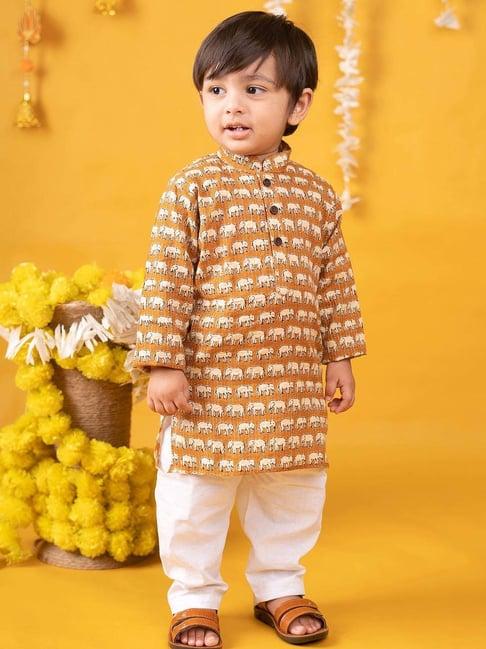 baby moo kids yellow & white cotton printed full sleeves kurta set