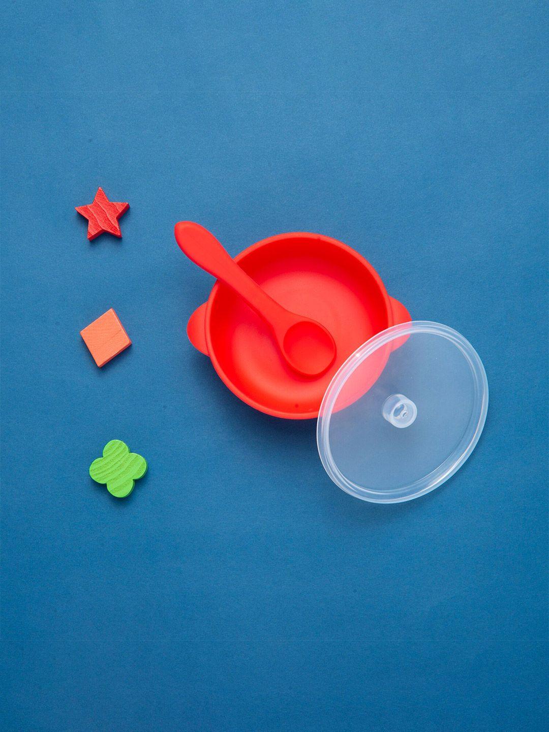 baby moo red silicon bowl with lid & spoon set