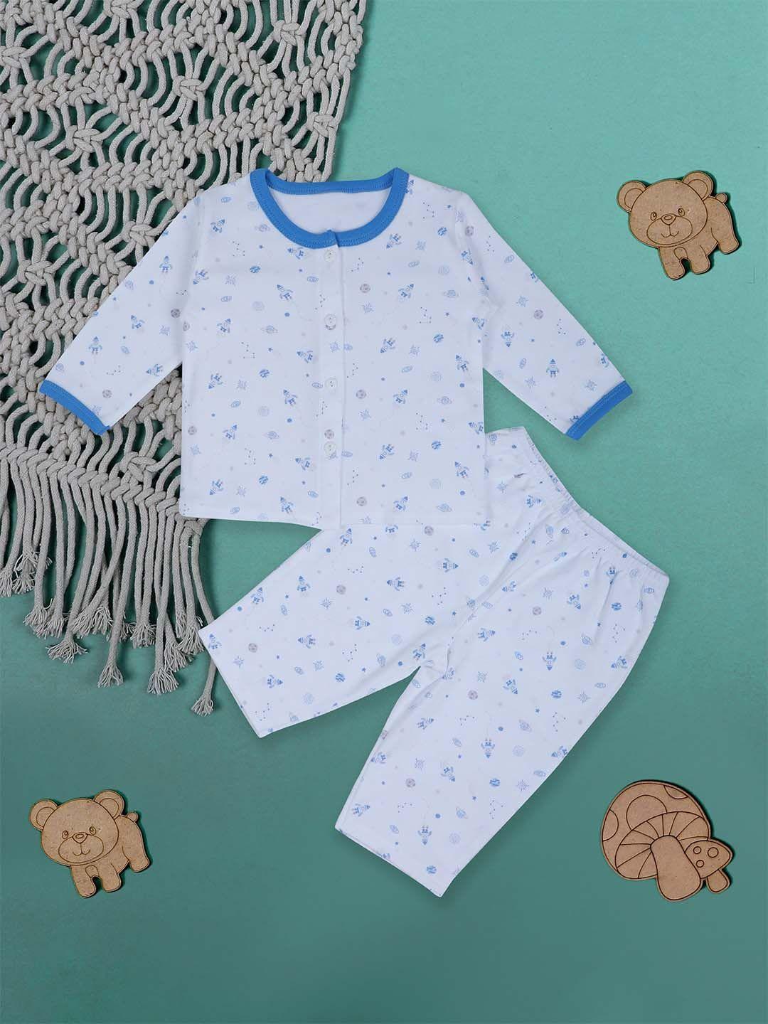 baby moo unisex kids blue & white printed night suit