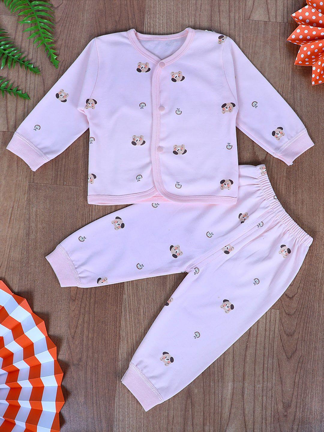 baby moo unisex kids pink & brown printed night suit