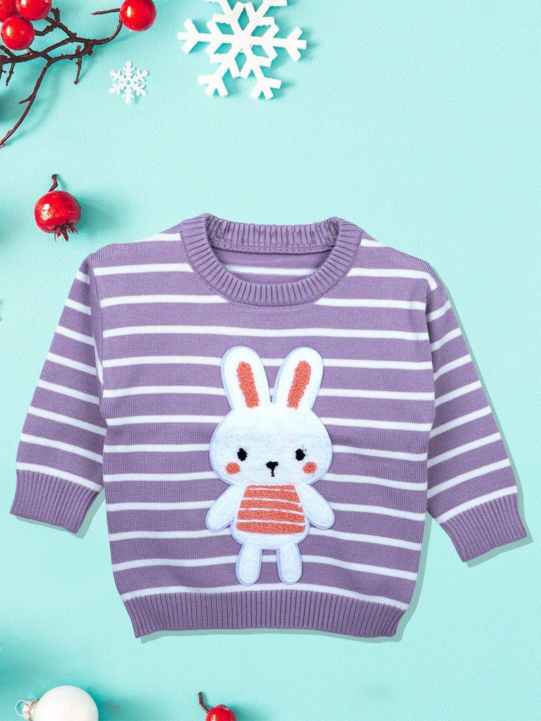 baby moo unisex kids purple & white hopping rabbit striped full sleeves knitted sweater