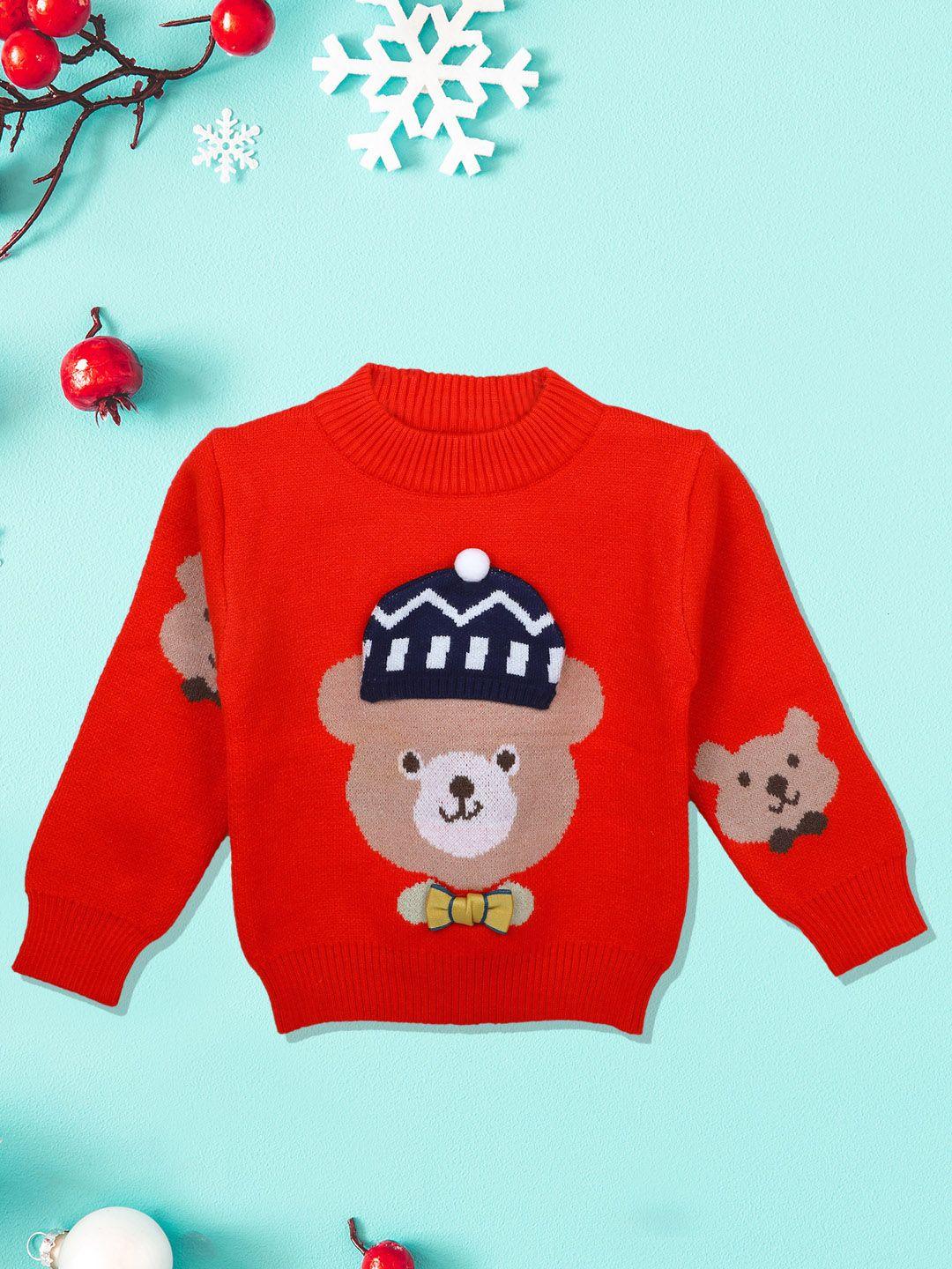 baby moo unisex kids red mr. bear premium full sleeves with 3d applique knitted sweater