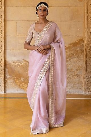 baby orchid organza hand embroidered saree set