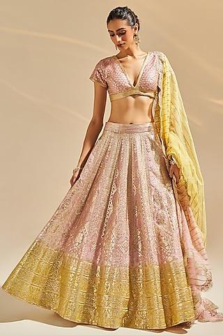 baby pink & pastel yellow organza sequins embroidered lehenga set