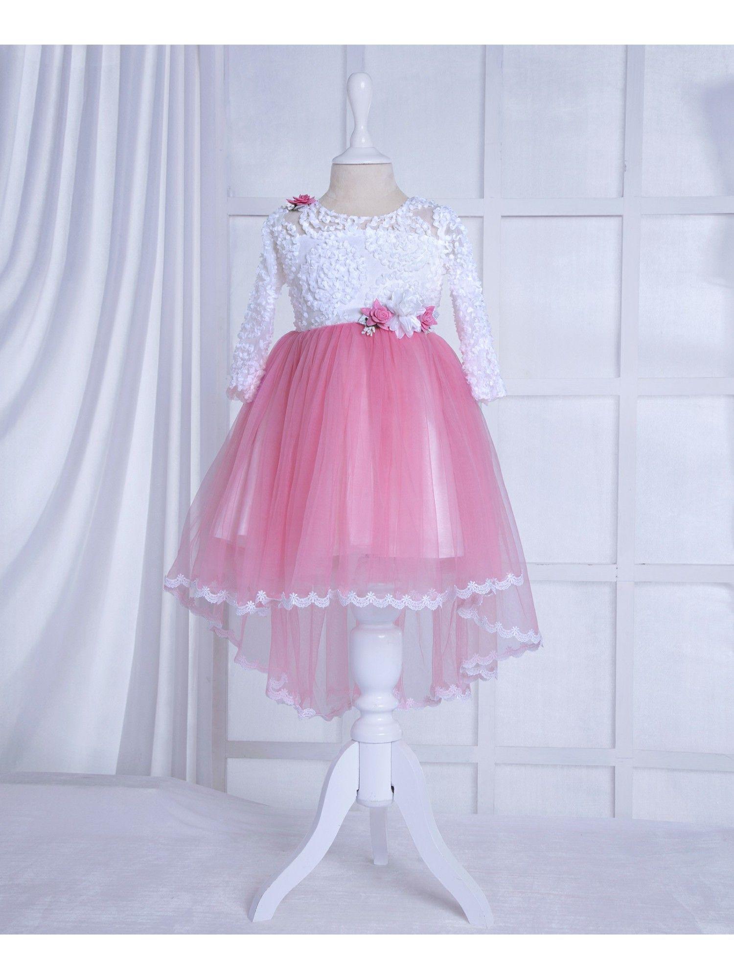 baby pink 3/4th corsage applique bottom lace detailed tulle party dress