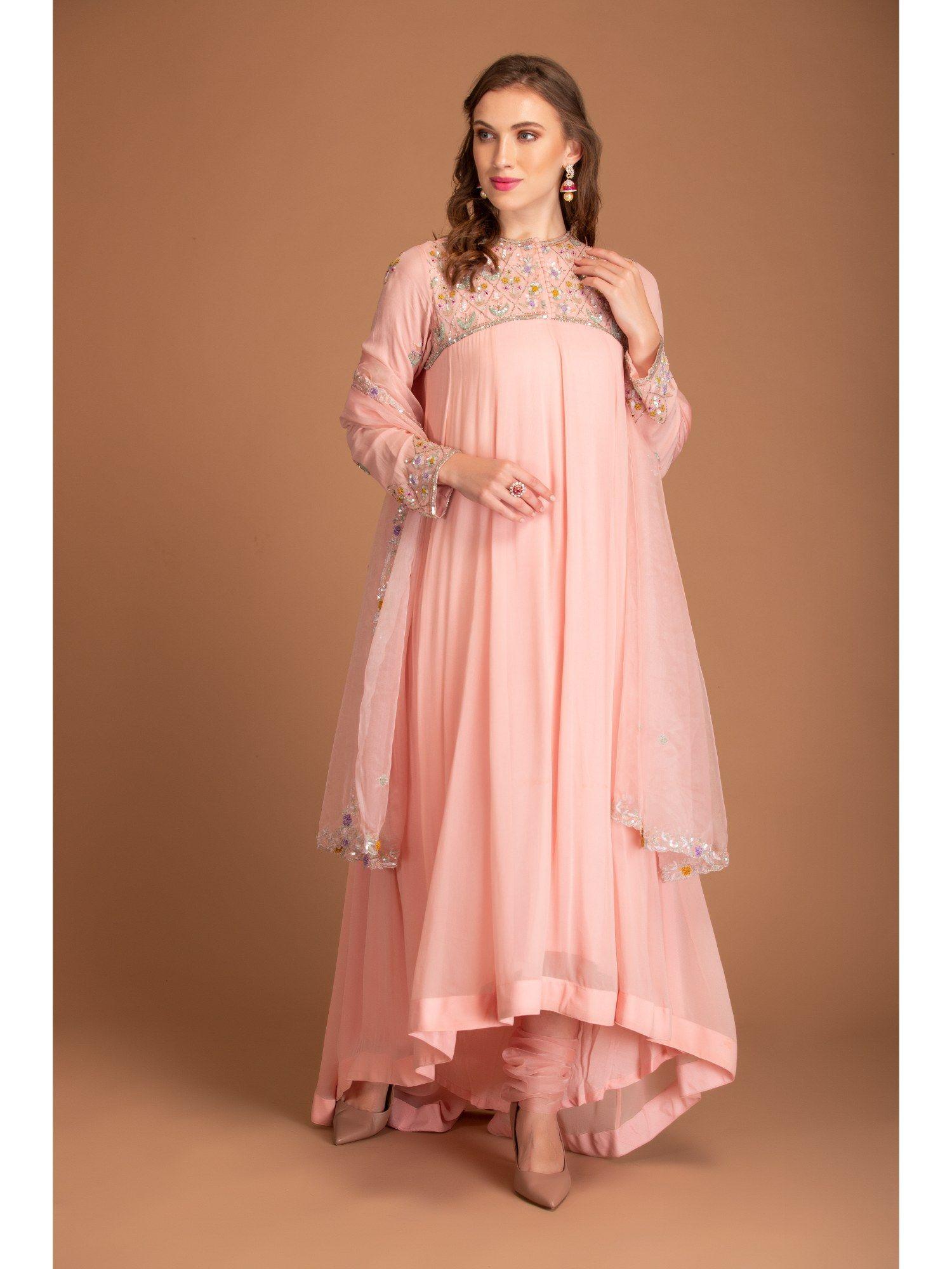 baby pink anarkali with churidar and dupatta (set of 3)