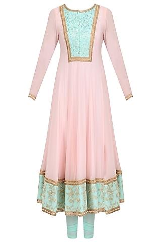 baby pink and aqua embroidered anarkali set