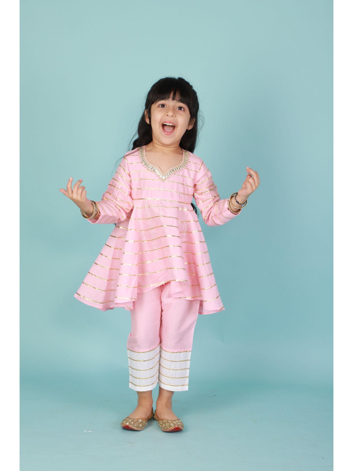 baby pink asymmetric kurta with pants (set of 2)