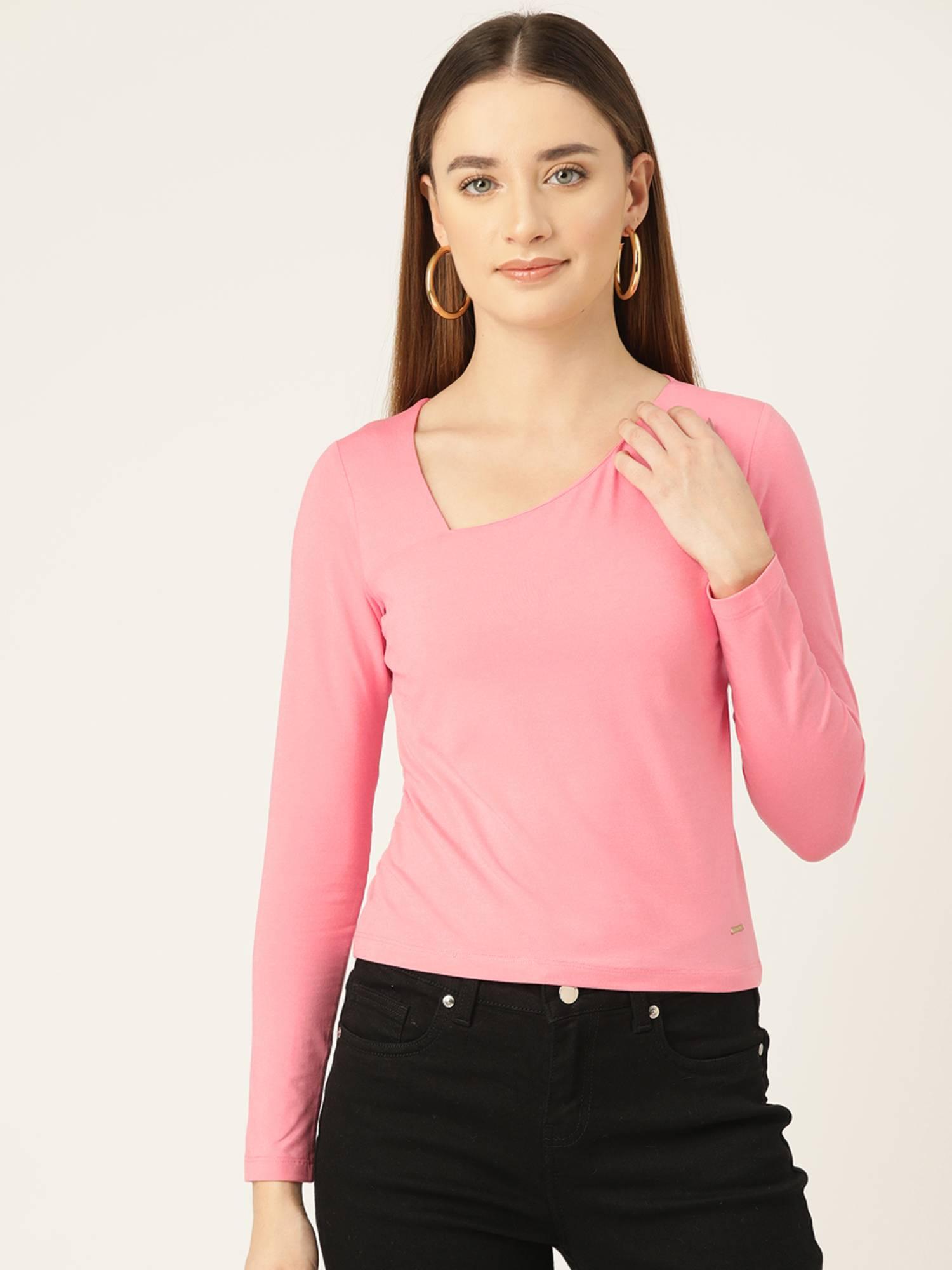 baby pink asymmetric neck long sleeves cotton fitted top