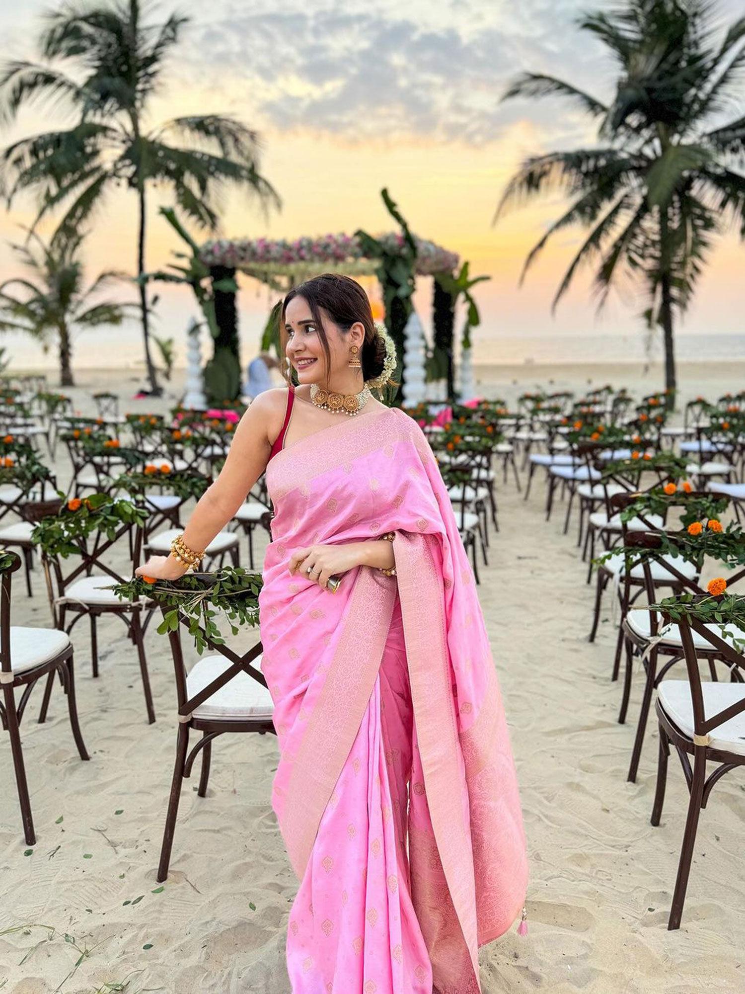 baby pink banarasi uppada silk saree with unstitched blouse