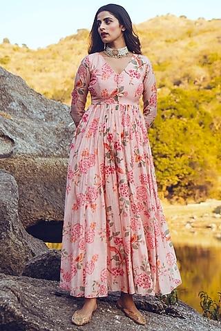 baby pink bird printed anarkali set