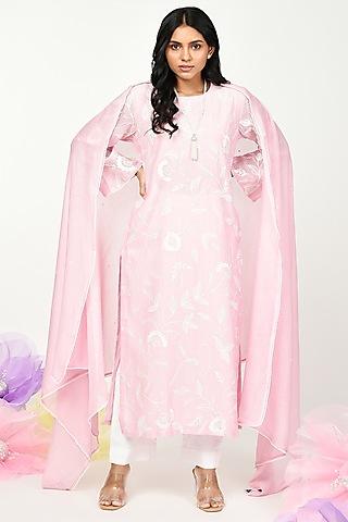 baby pink chanderi embroidered kurta set