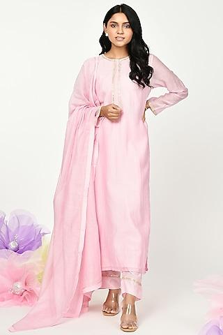 baby pink chanderi embroidered kurta set