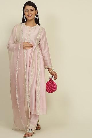 baby pink chanderi embroidered kurta set