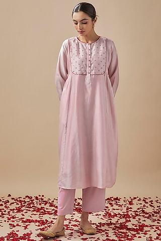 baby pink chanderi silk resham & aari hand embroidered kurta set