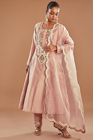 baby pink chanderi silk resham & pearl embroidered anarkali set