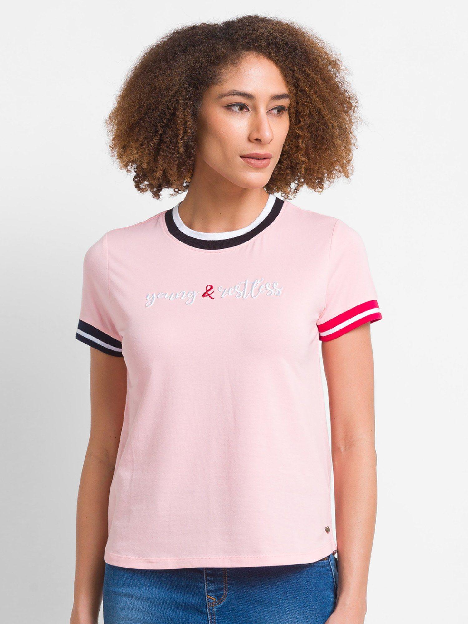 baby pink cotton blend half sleeve casual t-shirt for women