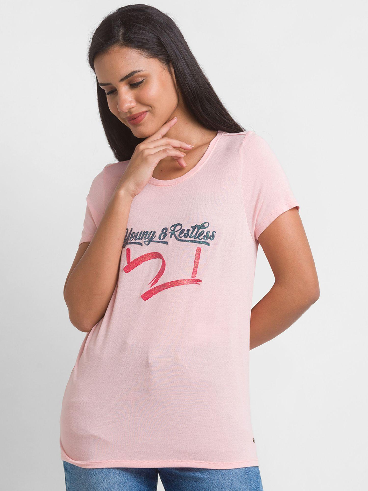 baby pink cotton blend half sleeve printed casual t-shirt for women