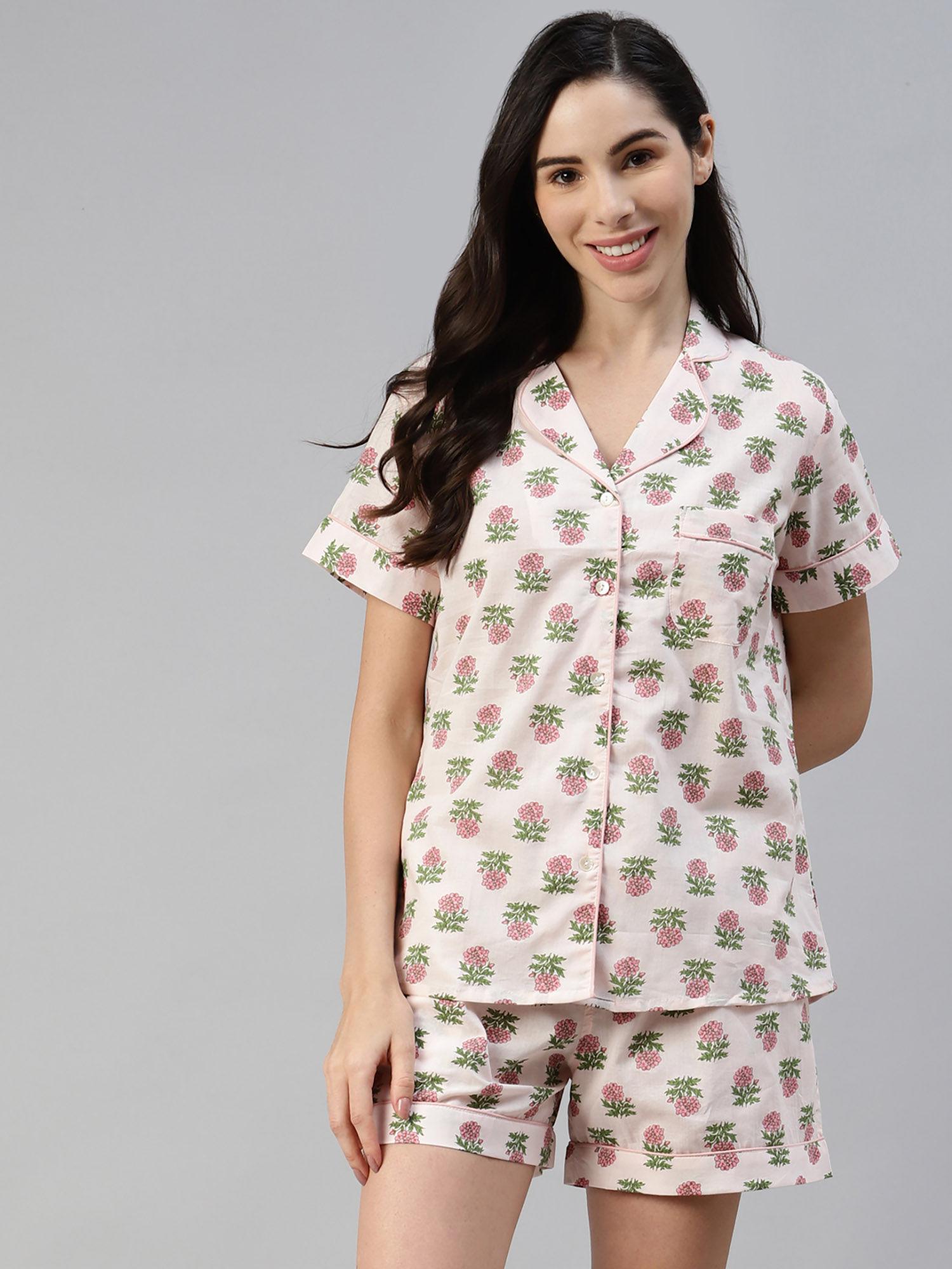 baby pink cotton floral print night suit (set of 2)