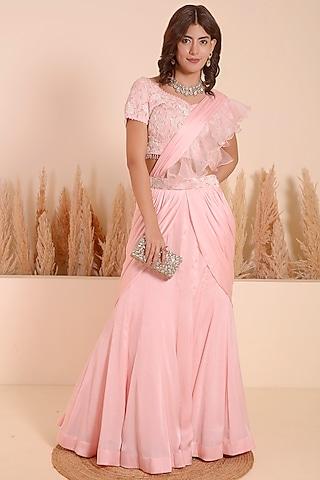 baby pink crepe ruffled draped saree set