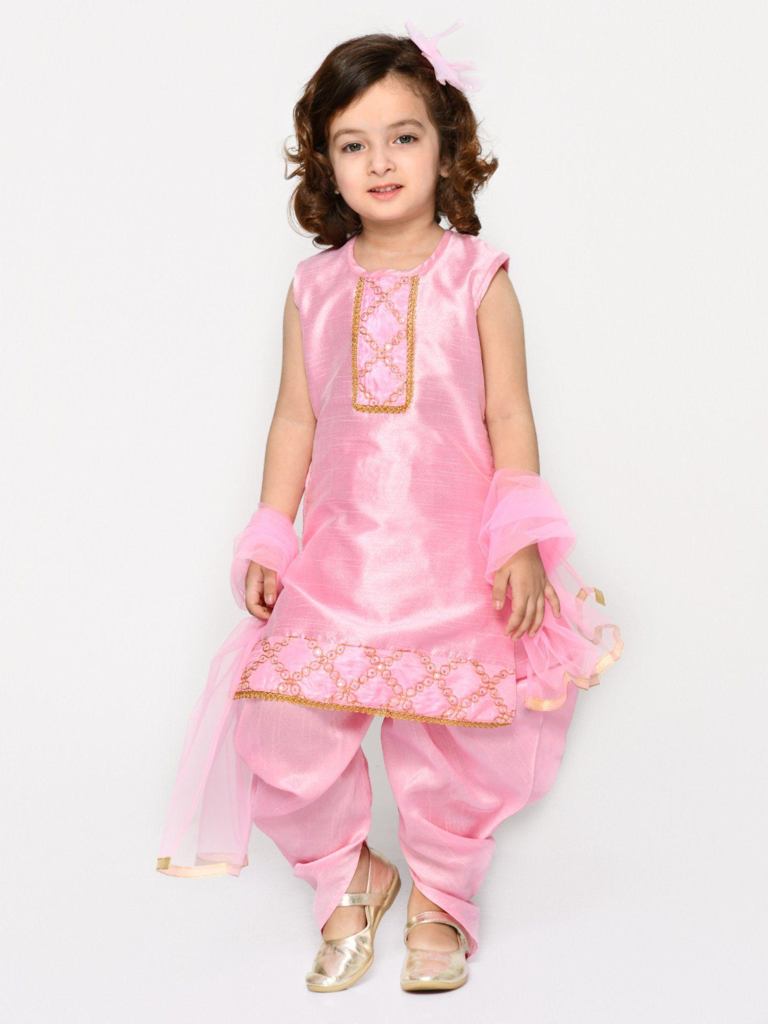 baby pink dhoti kurta with embroidery on yoke and dupatta (set of 3)