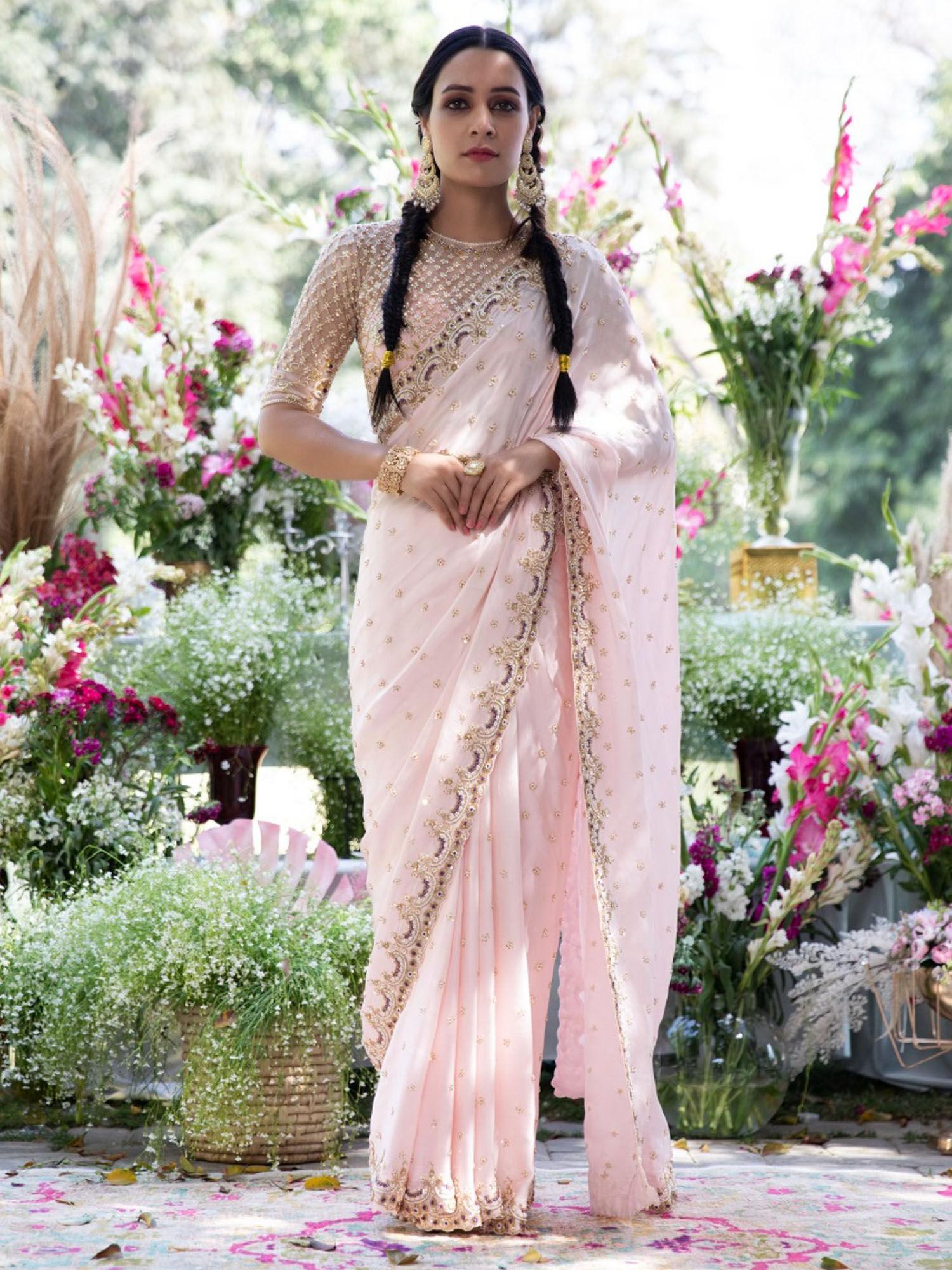 baby pink embroidere saree with stitched blouse and petticoat