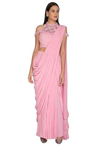 baby pink embroidered draped saree set