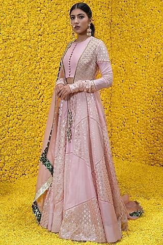 baby pink embroidered jacket lehenga set