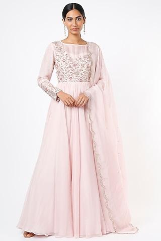 baby pink embroidered kalidar anarkali set