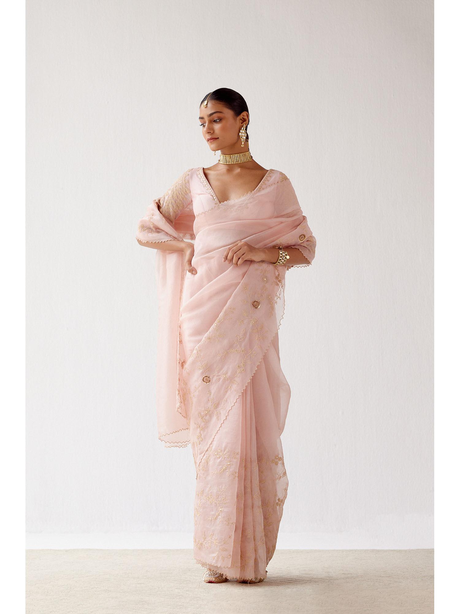 baby pink embroidered organza saree with stitched blouse (set of 2)