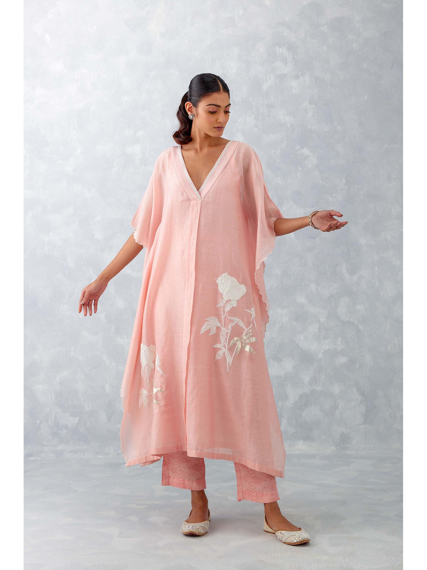 baby pink embroidered silk chanderi kaftan (set of 3)