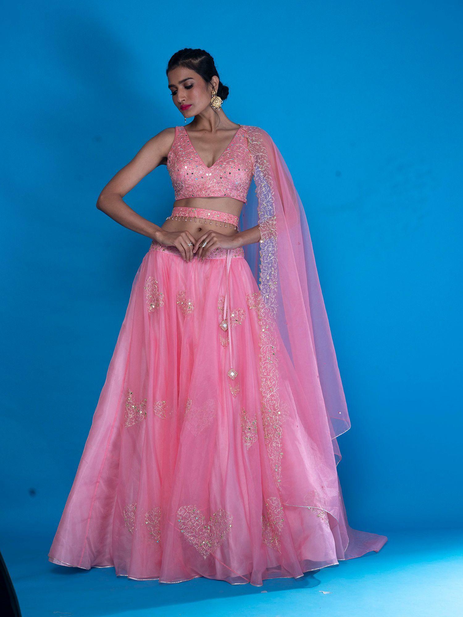 baby pink embroidered stitched blouse- lehenga and dupatta with belt (set of 4)