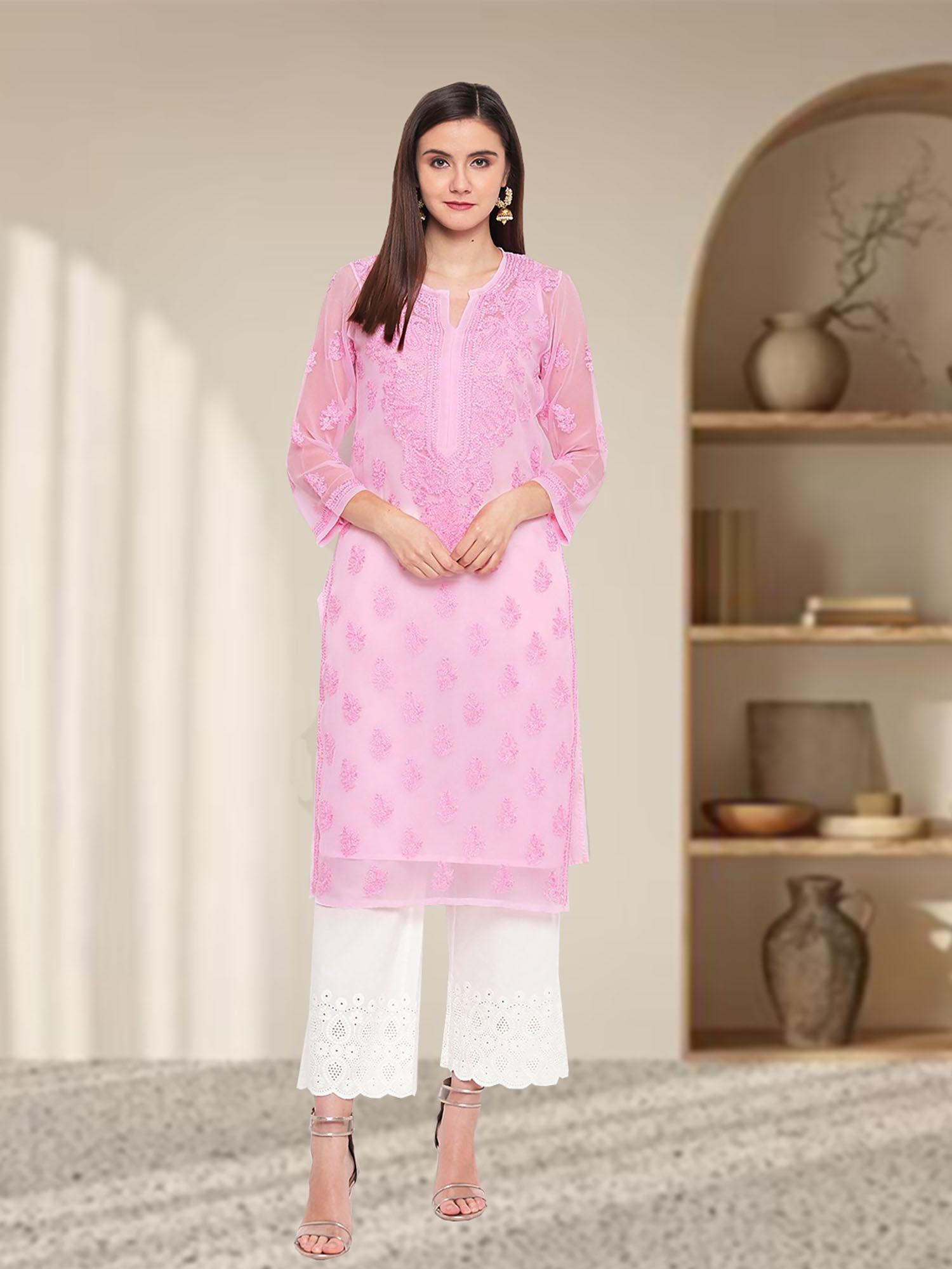 baby pink ethnic faux georgette lucknowi chikan kurta with slip (set of 2) (a100282)