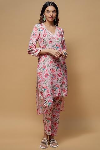 baby pink french crepe printed kurta set