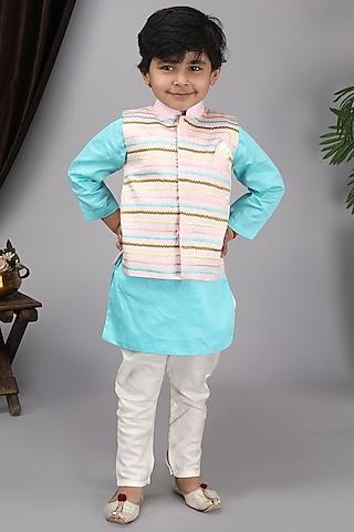 baby pink glace cotton embroidered bundi jacket with kurta set for boys