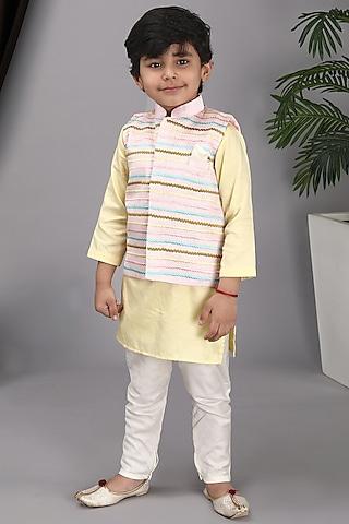 baby pink glace cotton embroidered bundi jacket with kurta set for boys